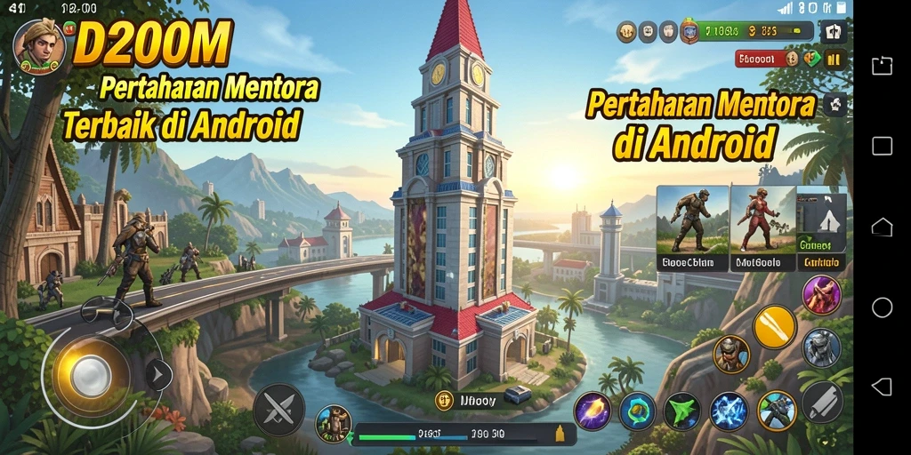 Screenshot gameplay D200M yang menampilkan pertahanan menara yang intens.