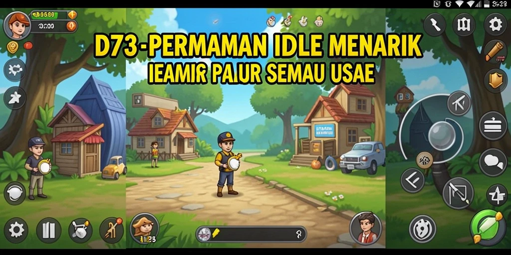Screenshot D73 menampilkan karakter dalam aksi mengumpulkan sumber daya.