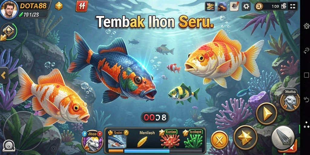 Screenshot utama gameplay DOTA88 menunjukkan aksi menembak ikan.