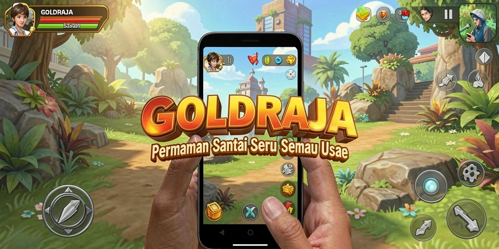 Tangkapan layar utama menunjukkan karakter yang beraksi dalam <strong>GOLDRAJA</strong>, siap menghadapi tantangan.
