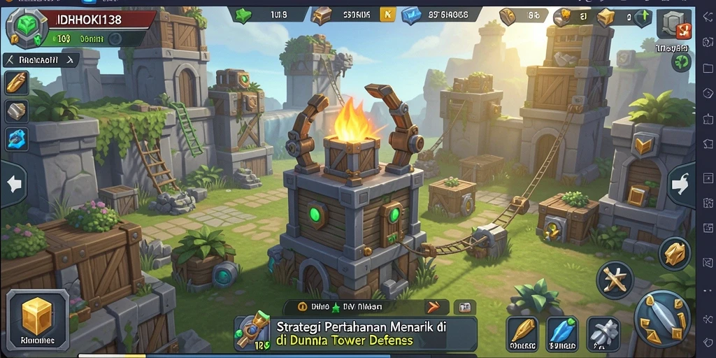 Tampilan gameplay menegangkan dari IDRHOKI138 dengan berbagai menara pertahanan.