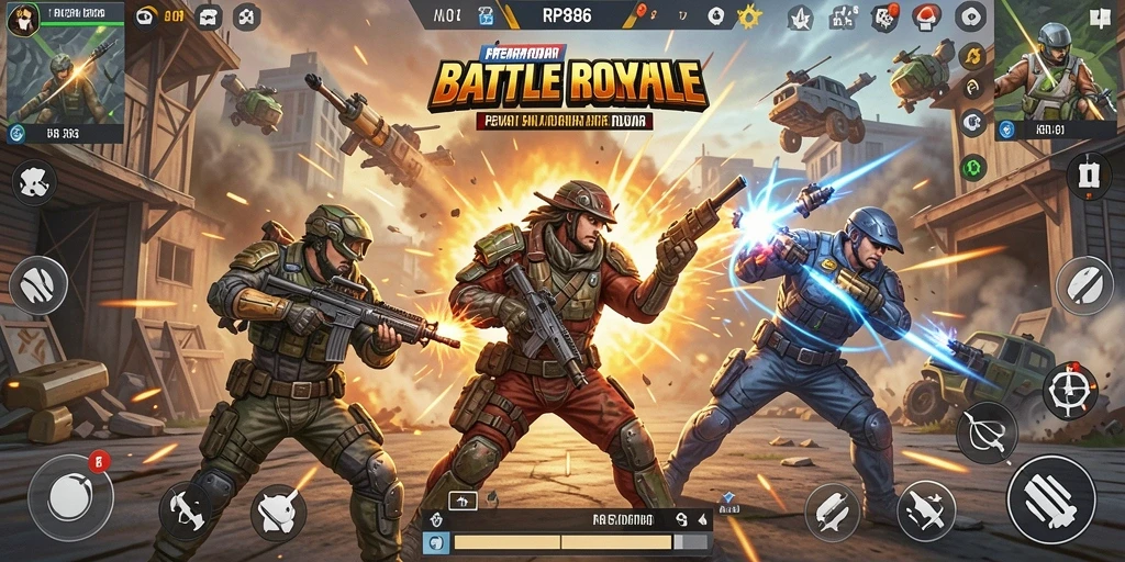 Screenshot RP886 menampilkan aksi intens dalam pertempuran Battle Royale.