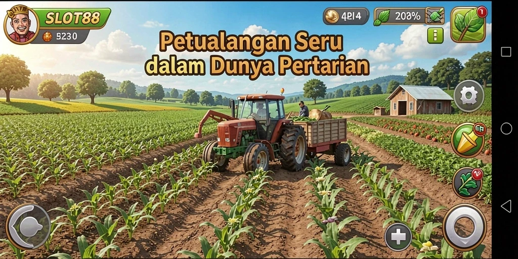 Tampilan gameplay SLOT88 yang menunjukkan aktivitas bertani yang seru.