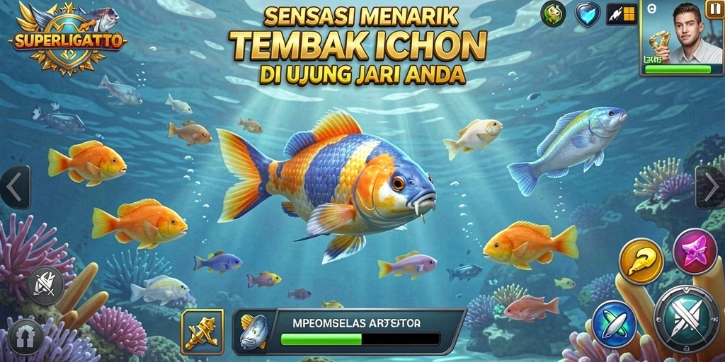 Tampilan gameplay SUPERLIGATOTO dengan adrenalin tinggi dan ikan yang berwarna-warni.