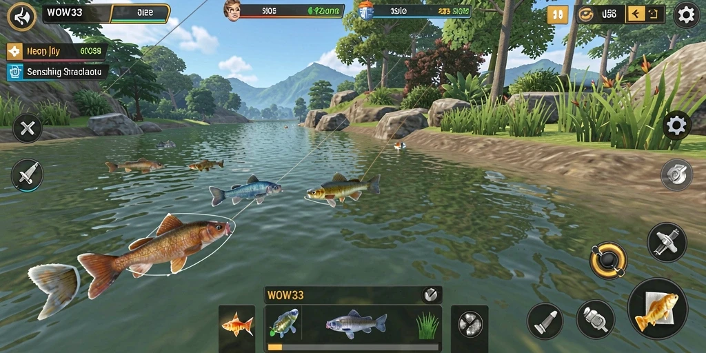 Screenshot gameplay WOW33 menampilkan aksi memancing yang mendebarkan.